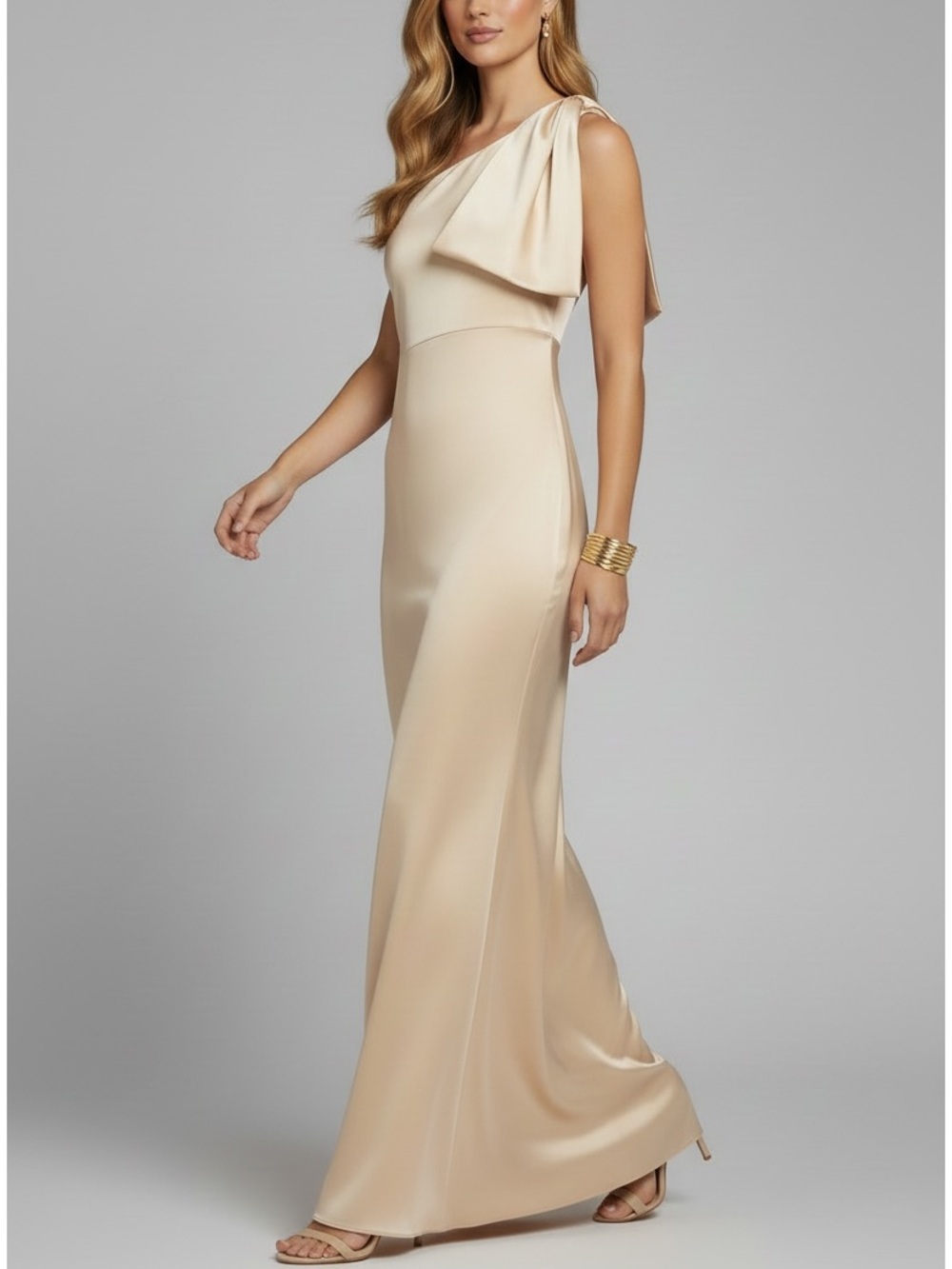 NWT SACHIN + BABI Champagne One Shoulder Bow Dress Gown Size 4